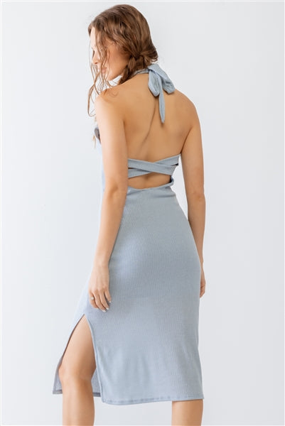 Light Blue Ribbed Sleeveless Criss-Cross Back Midi Dress
