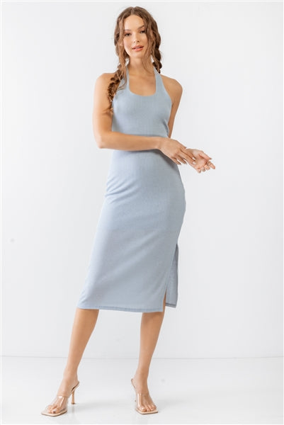 Light Blue Ribbed Sleeveless Criss-Cross Back Midi Dress