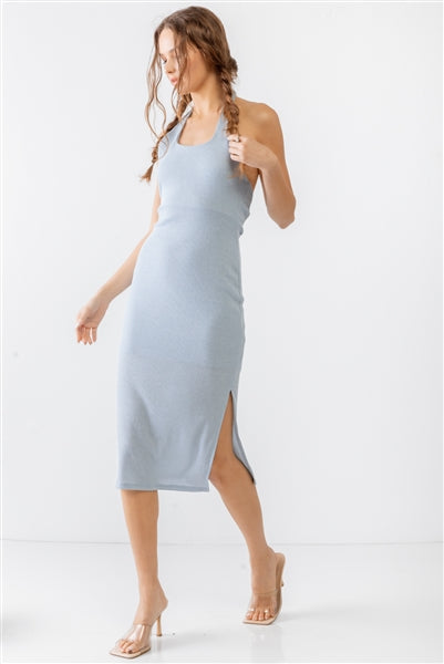 Light Blue Ribbed Sleeveless Criss-Cross Back Midi Dress