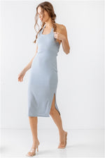 Light Blue Ribbed Sleeveless Criss-Cross Back Midi Dress