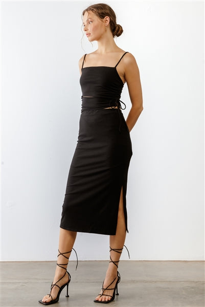 Black Ribbed Cut-Out Drawstring Detail Strappy Midi Dress