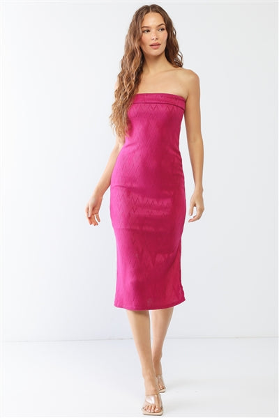 Magenta Geo Print Inside-Out Edge Strapless Side Slit Midi Dress