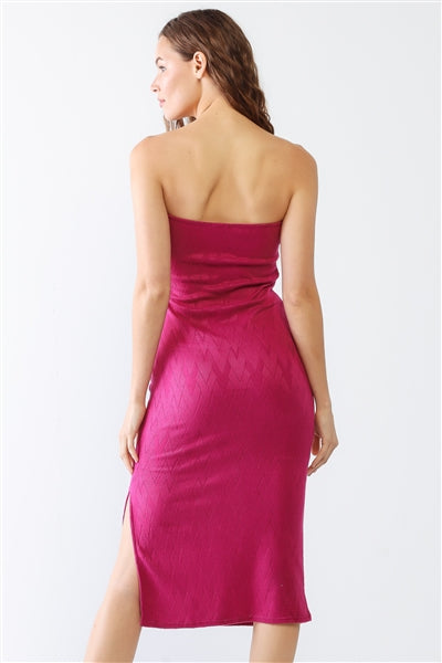 Magenta Geo Print Inside-Out Edge Strapless Side Slit Midi Dress