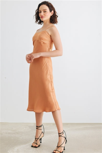 Dusty Orange Satin Strappy Midi Dress