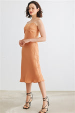 Dusty Orange Satin Strappy Midi Dress