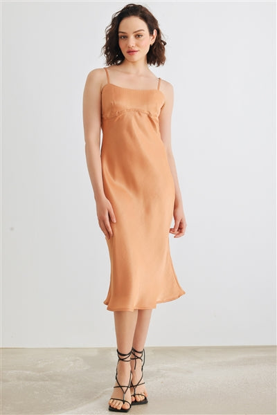 Dusty Orange Satin Strappy Midi Dress