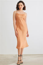 Dusty Orange Satin Strappy Midi Dress
