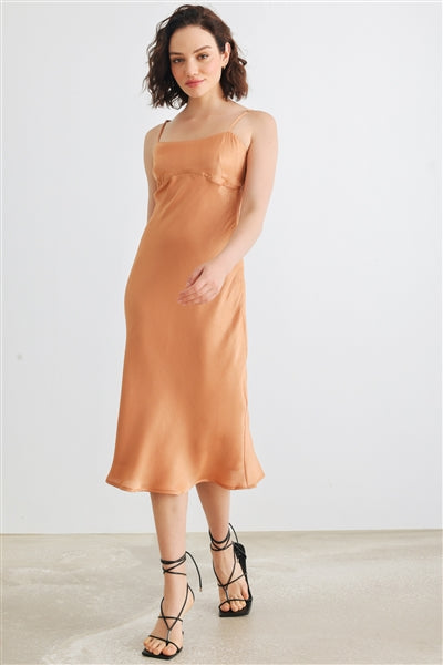 Dusty Orange Satin Strappy Midi Dress