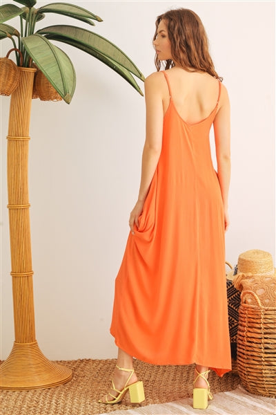 Orange Strappy Two Pocket Midi Dress