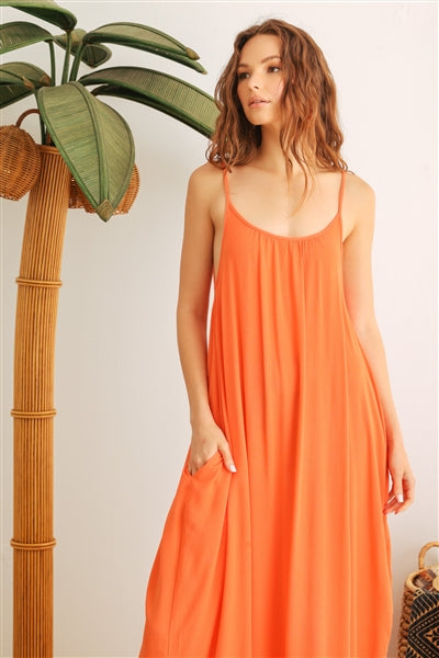 Orange Strappy Two Pocket Midi Dress