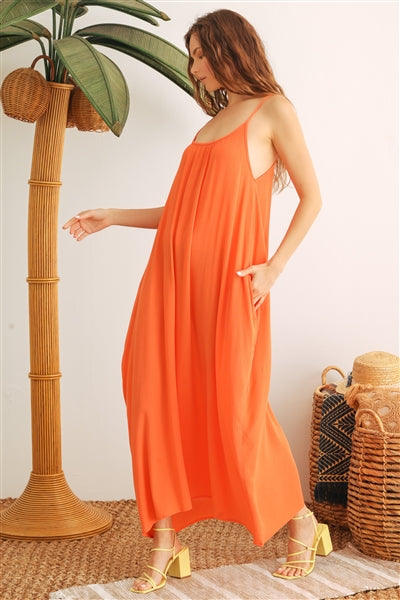 Orange Strappy Two Pocket Midi Dress
