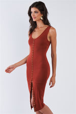 Rust Snap Up Button Sleeveless Scoop Neck Body-Con Midi Dress