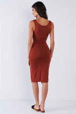 Rust Snap Up Button Sleeveless Scoop Neck Body-Con Midi Dress