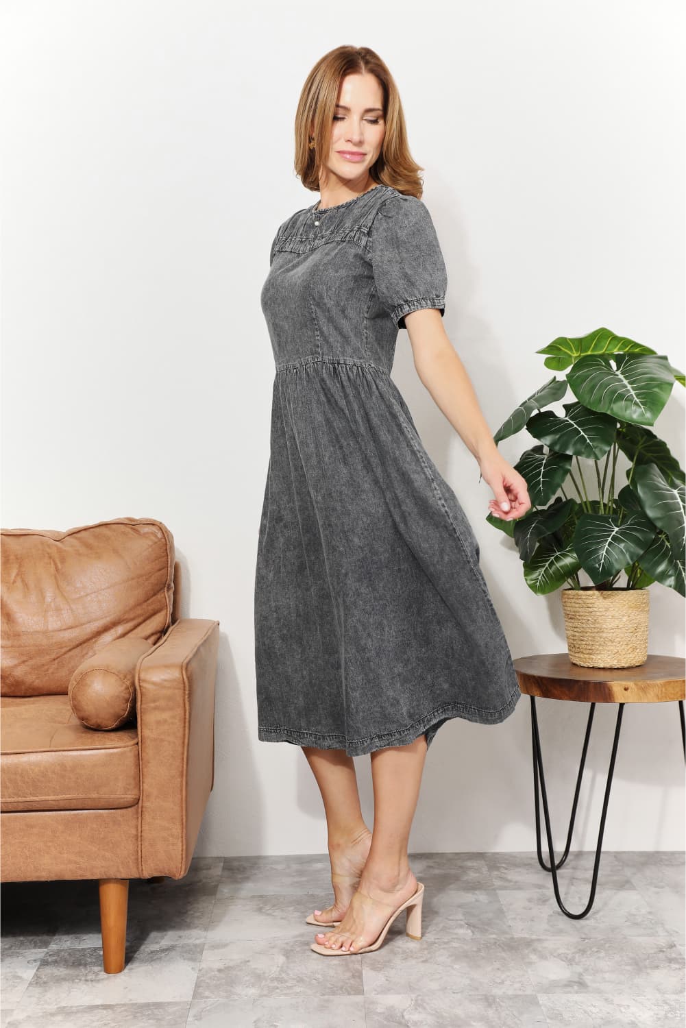 And The WhyFull Size Washed Chambray Midi Dress