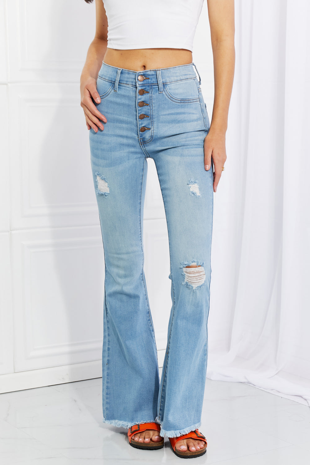 Vibrant MIU Women's Full Size Jess Button Flare Jeans