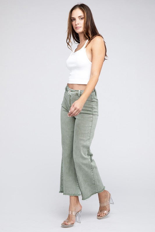 Acid Washed Frayed Cutoff Hem Straight Wide Pants main image 1