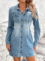 Pocketed Button Up Long Sleeve Denim Dress for Women