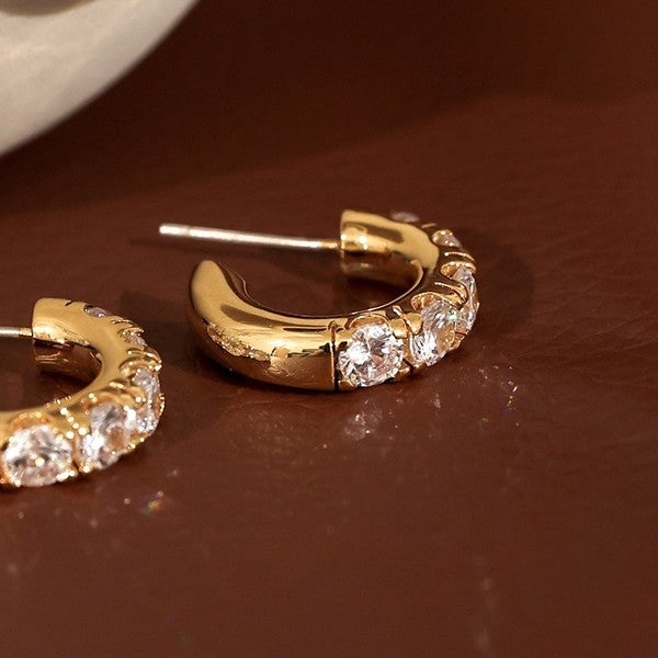 zircon inlaid C-shaped glossy earrings