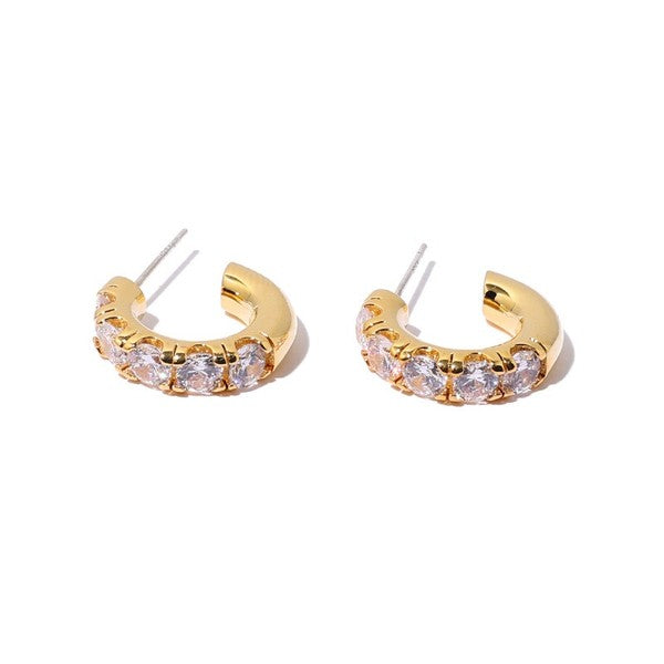 zircon inlaid C-shaped glossy earrings