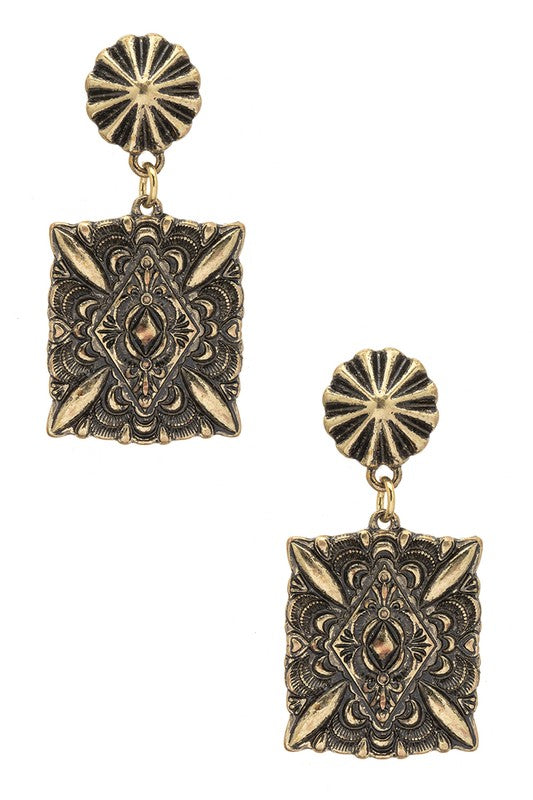 Embossed Statement Vintage Square Drop Earrings