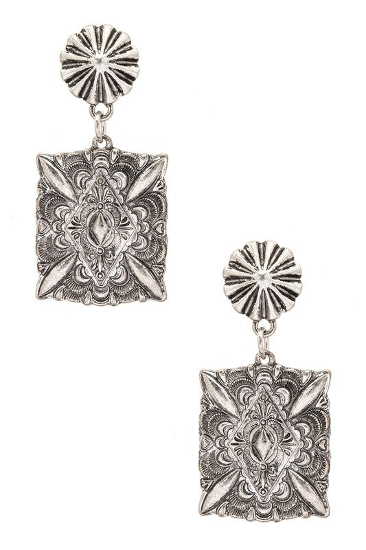 Embossed Statement Vintage Square Drop Earrings