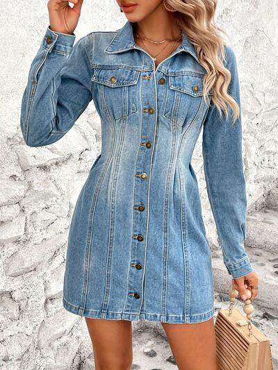 Pocketed Button Up Long Sleeve Denim Dress for Women