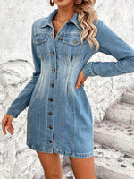 Pocketed Button Up Long Sleeve Denim Dress for Women